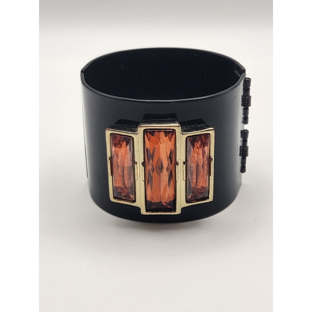Black Metal Wide Cuff Bracelet with Amber Crystals Gold‎ Tone Hinge Statement